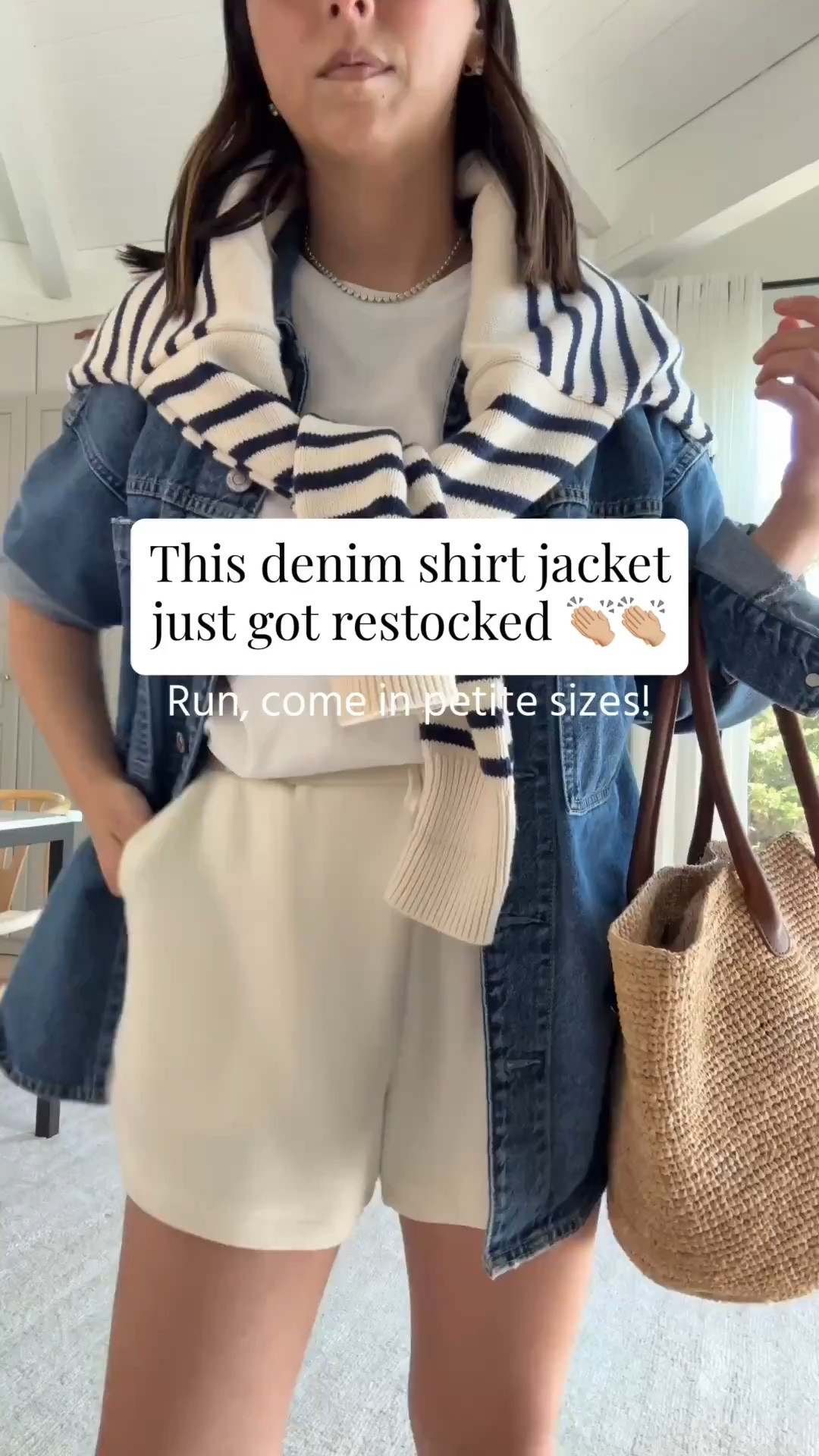 This denim shirt jacket just got restocked. One of those throw-on pieces that makes simple summer outfits feel a little more pulled together.

Gap shacket petite xs 
Madewell tee - linked similar
Varley shorts small 
Minnow sweater small 
Amazon socks 
Bimba Y Lola sneakers 5 - run big 
Aritzia tote - sold out, linked similar
Polo Ralph Lauren hat - linked similar
Dorsey James necklace 15” 
Electric Picks earrings

#LTKmomlife #LTKootd #LTKPetite