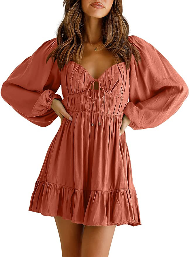 ANRABESS Women's Casual Dress Long Sleeve Sweetheart Neck Cutout High Waist Ruffle Hem Flowy Swin... | Amazon (US)