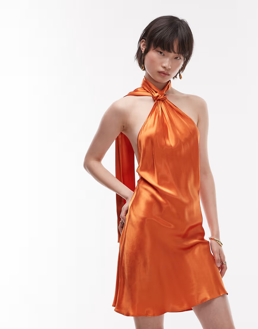 Topshop tie neck halter mini dress satin in rust-Brown | ASOS (Global)