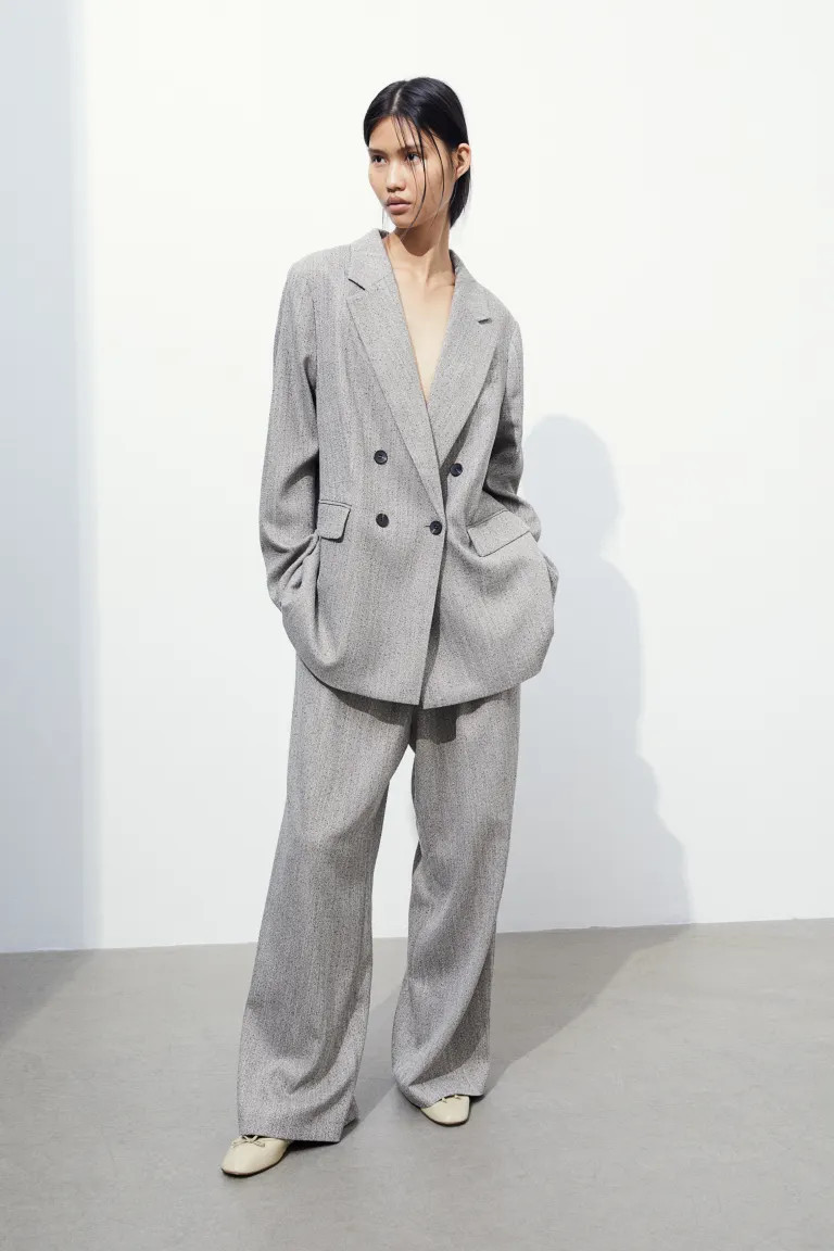 Double-breasted Blazer - Taupe/herringbone-patterned - Ladies | H&M US | H&M (US + CA)