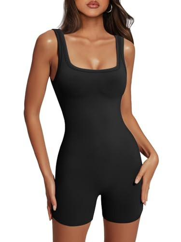 AUTOMET Black Rompers for Women Cute Bodysuits Sexy Matching Workout Sets One Piece Summer Outfits Comfy Jumpsuits Gym Yoga Clothes 2024 Black S | Amazon (US)