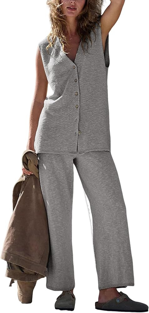 Lviefent Womens 2 Piece Outfits Sweater Set Sleeveless Button Down Vest Top Knit Wide Leg Pants S... | Amazon (US)