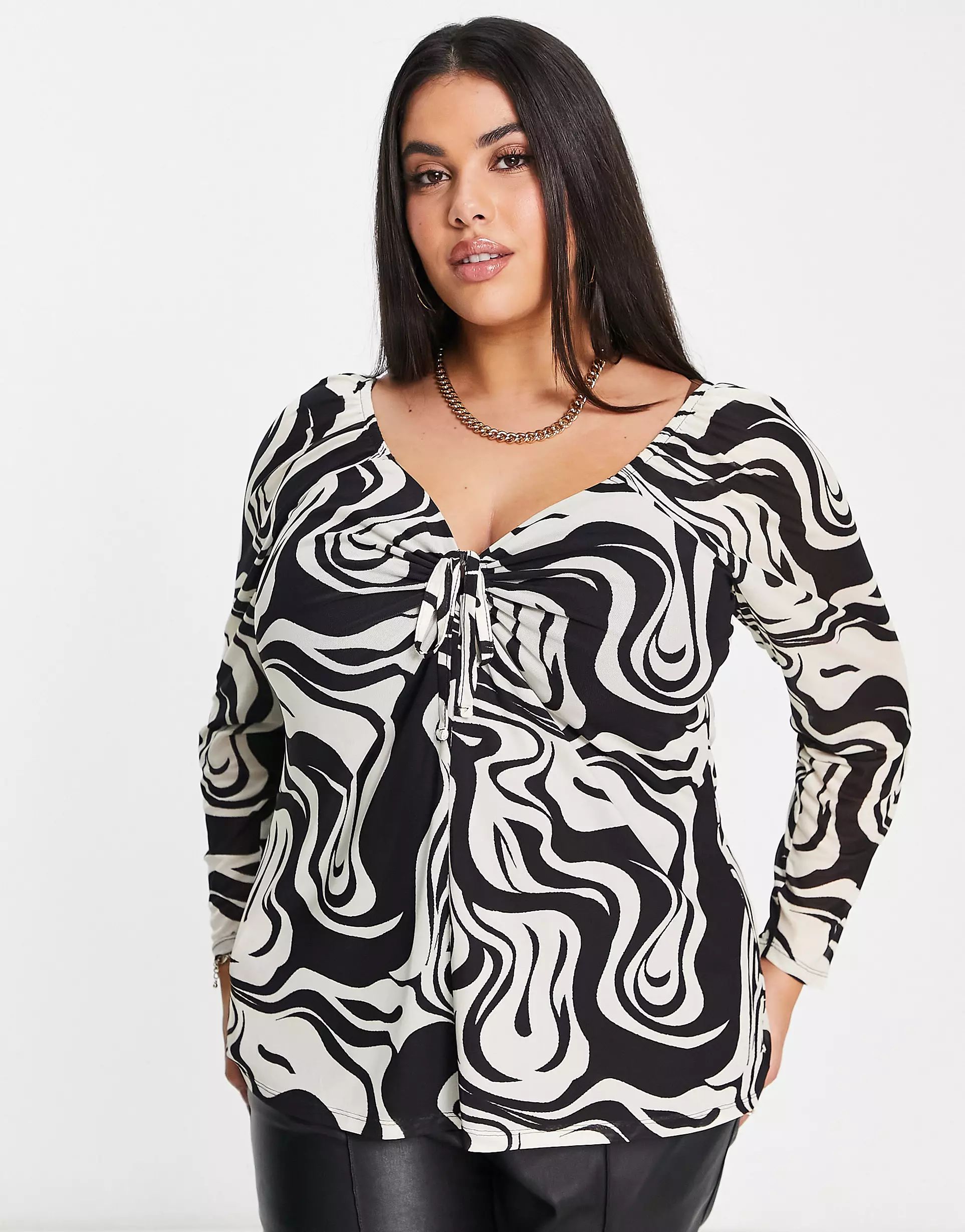 Simply Be mono swirl mesh cut out long sleeve top in black and white | ASOS | ASOS (Global)