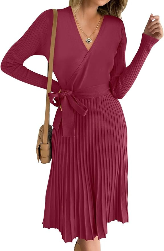 ANRABESS Women's 2023 Fall Long Sleeve Sweater Dress Wrap V Neck Pleated Ribbed Knit A Line Belte... | Amazon (US)