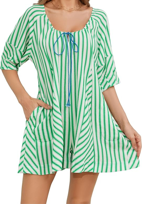 Womens Summer Striped Romper Casual Oversized Puff Sleeve Short Jumpsuits Overalls Beach Vacation... | Amazon (US)