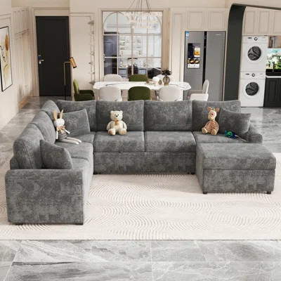 112.2" Sectional Sofa Pull-Out Sofa Bed Sleeper With A Storage Ottoman,Three Pillows And Charging Devices For Living Room, Grey | Wayfair North America