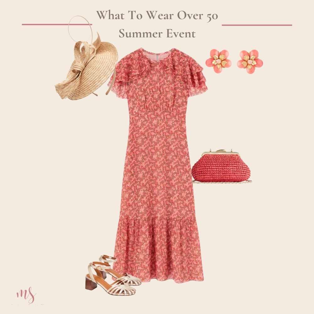 Summer event outfit - coral print dress, coral bag, gold shoes and hat and coral and gold earrings 

 #LTKuk #LTKwedding #LTKover50style