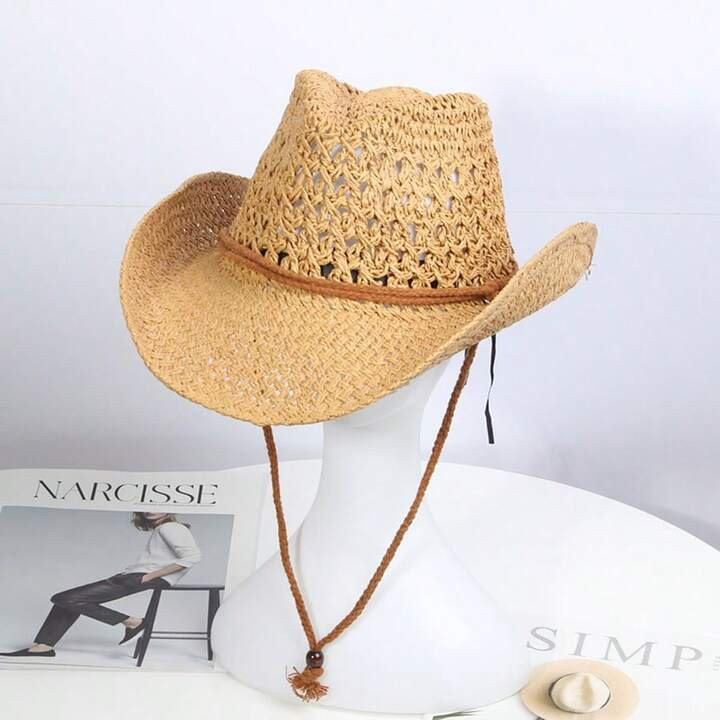 Western Cowboy Hat Foldable Hollow Out Raffia Hat Unisex Summer Beach Jazz Hat Wide Brim Sun Hat ... | SHEIN