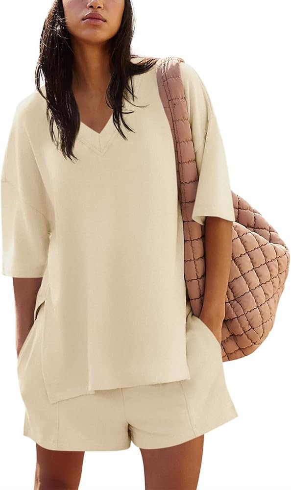 Yousify Womens 2 Piece Sets Summer Outfits 2025 Lounge Set 3/4 Sleeve Oversized Tops And Elastic ... | Amazon (US)