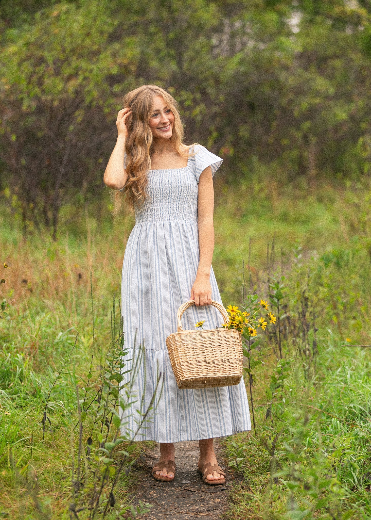 Summer Blue Stripe Flutter Sleeve Midi Dress | Inherit Clothing Co.