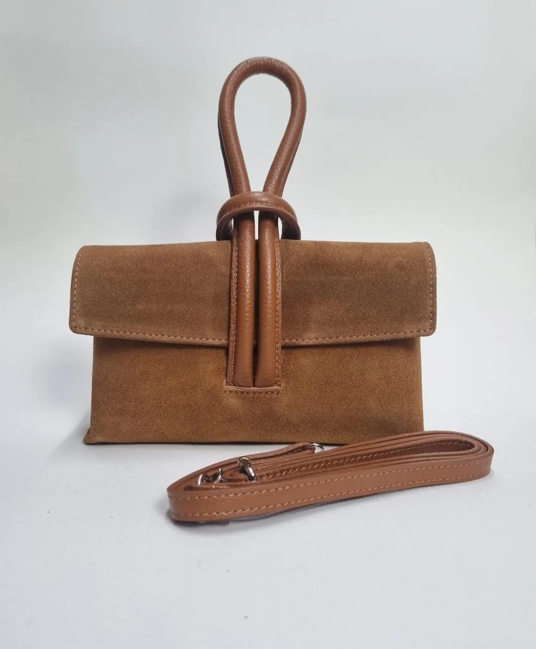 Italian Suede Crossbody Bag, Tan Leather Clutch with Strap | Etsy (US)