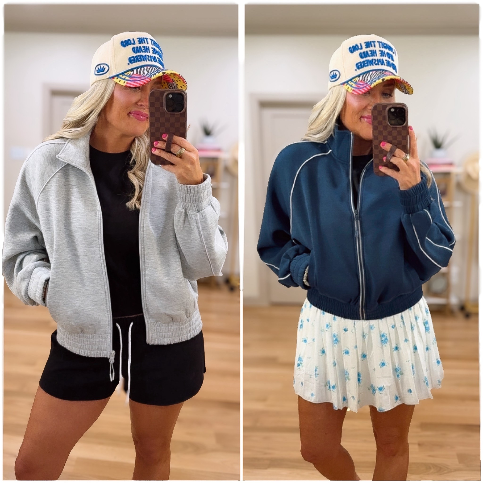 Walmart scoop jackets so good and soft 
Grey : large , navy : medium 
Black Walmart set / small 
Amazon floral skirt / medium 