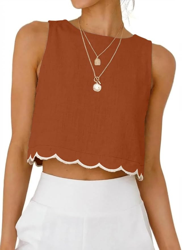IDEALSANXUN Womens High Neck Linen Tank Tops Spring Summer Scallop Hem Cropped Sleeveless Shirts ... | Amazon (US)