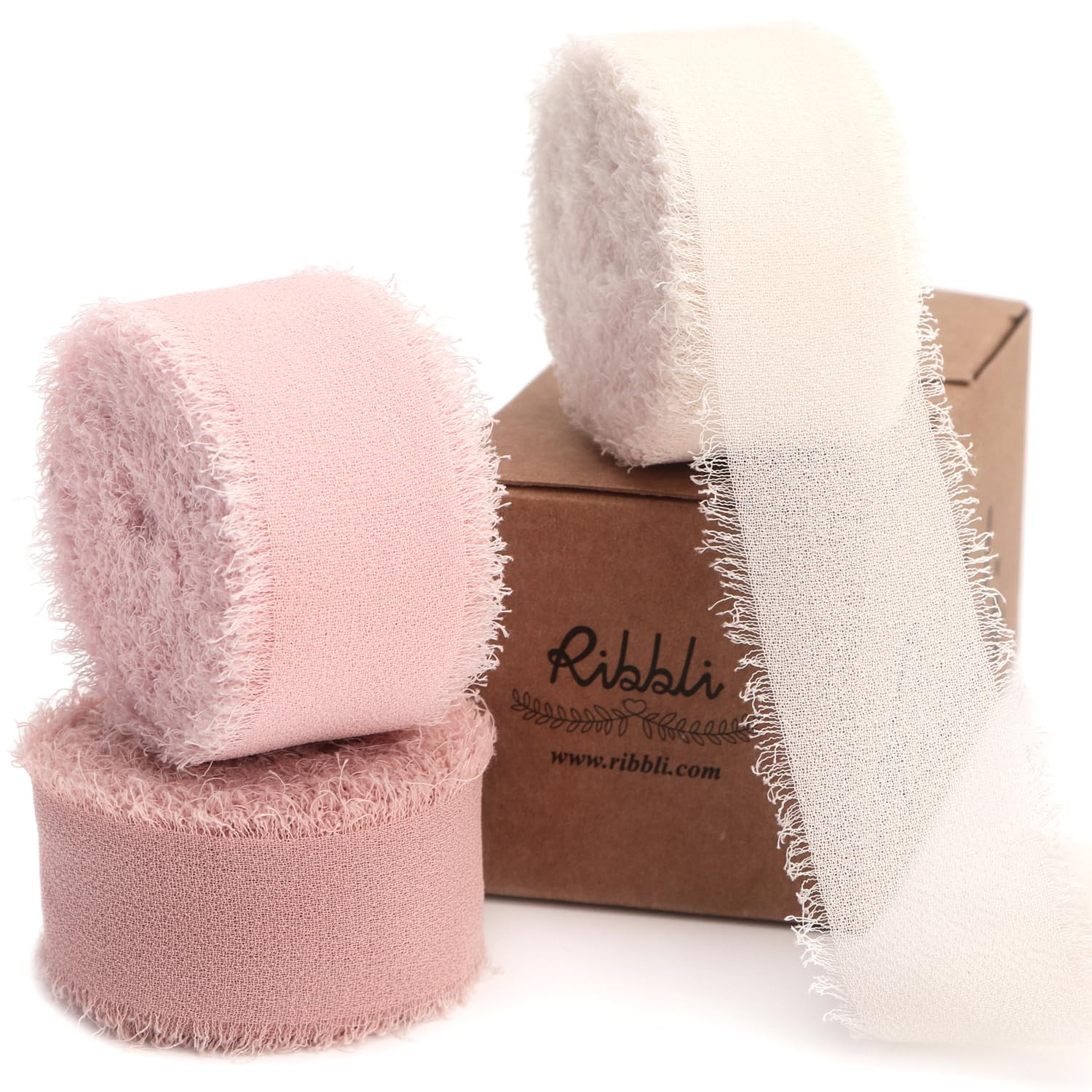 Ribbli Pink Ribbon 1 Inch x 3 Rolls Total 24 Yards Cream/Blush Pink/Rose Gold Handmade Fringe Chi... | Amazon (US)