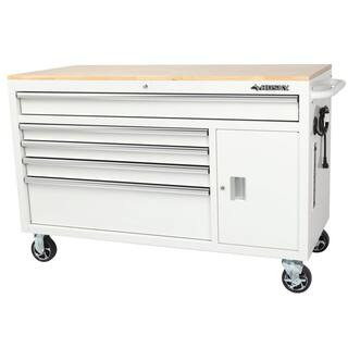 Husky 56 in. W 5-Drawer 1-Door, Deep Tool Chest Mobile Workbench in Gloss White with Hardwood Top... | The Home Depot