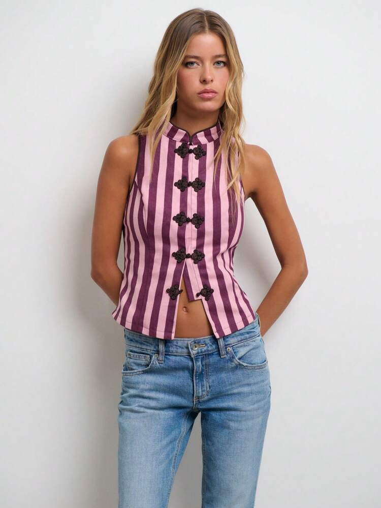 N\u00f6ista Sleeveless Chinese-Style Striped Top With Frog Buttons. Summer, Fall, Resort, Casual,... | SHEIN
