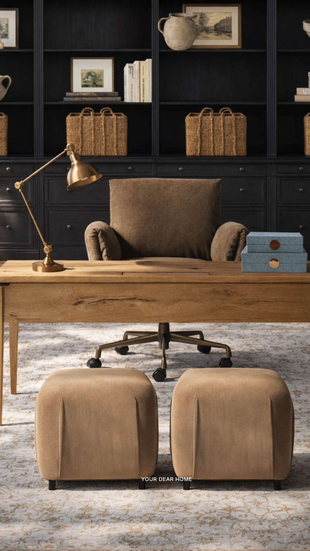 This is one of those combinations that always works. The black built-ins add depth and structure while the lighter wood desk keeps everything feeling balanced and easy on the eyes. 

 #LTKHome