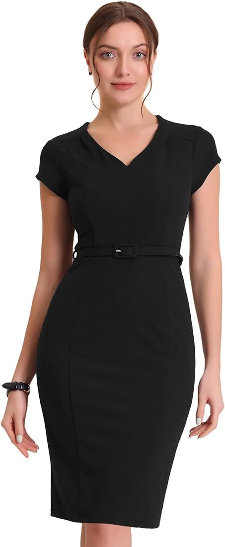 Allegra K Pencil Dress for Women's 2023 V Neck Cap Sleeve Raised Waist Work Business Bodycon Shea... | Amazon (US)