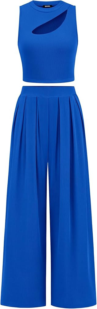 BTFBM Women 2 Piece Outfits 2024 Spring Summer Tracksuits Mock Neck Sleeveless Cutout Crop Top Wi... | Amazon (US)