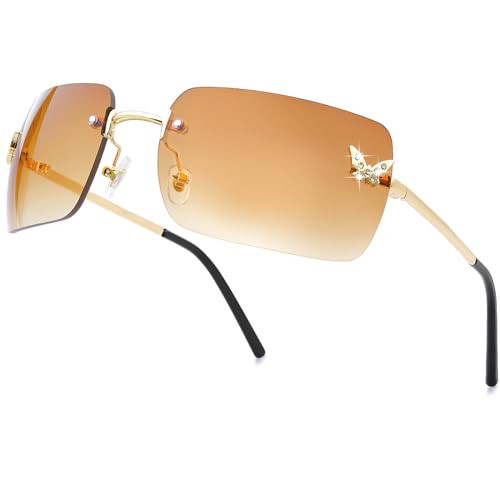 knliwkm Rimless Rectangle Y2k Sunglasses for Women Men Cute Small Frameless Brown Tinted Lens 2000S Fashion Shades with Butterfly | Amazon (US)