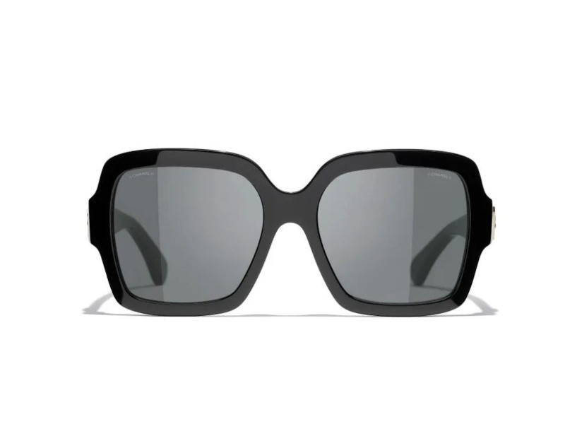 Chanel Shiny Black Square Frame with "CC" Accent/ Gray Lens Sunglasses | JTV Jewelry