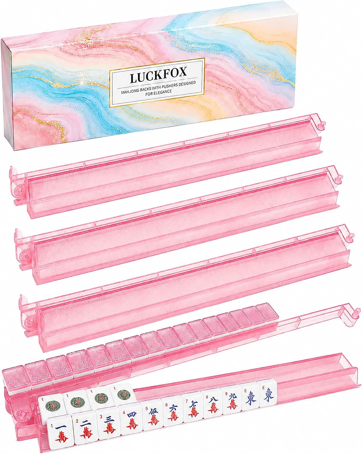 LUCKFOX Mahjong Racks with Pushers, Set of 4 Pink Glitter Acrylic 17.5" | Amazon (US)
