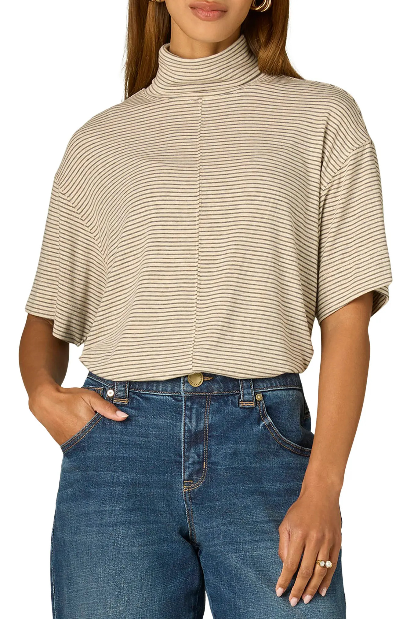 Wit & Wisdom Elbow Sleeved Turtleneck Boxy Top in Heather Cream at Nordstrom, Size Small | Nordstrom