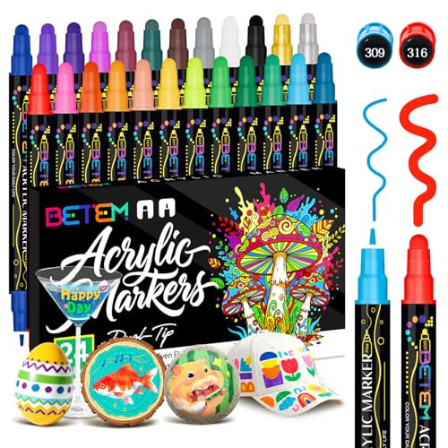 Betem 24 Colors Dual Tip Acrylic Paint Pens Markers, Premium Water-Based Acrylic Paint Markers for Fabric, Rock, Wood, Glass, Eggs, Canvas, Ceramic, Easter Basket Stuffers DIY Crafts Drawing Markers | Amazon (US)