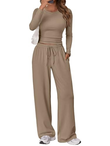 Trendy Queen Women' 2 Piece Matching Lounge Sweat Sets 2025 Early Fall Fashion Y2K Teen Workout Gym Clothes Wide Leg Pants Crop Top Airport Travel Outfits Casual Sweatsuit Winter Clothing | Amazon (US)