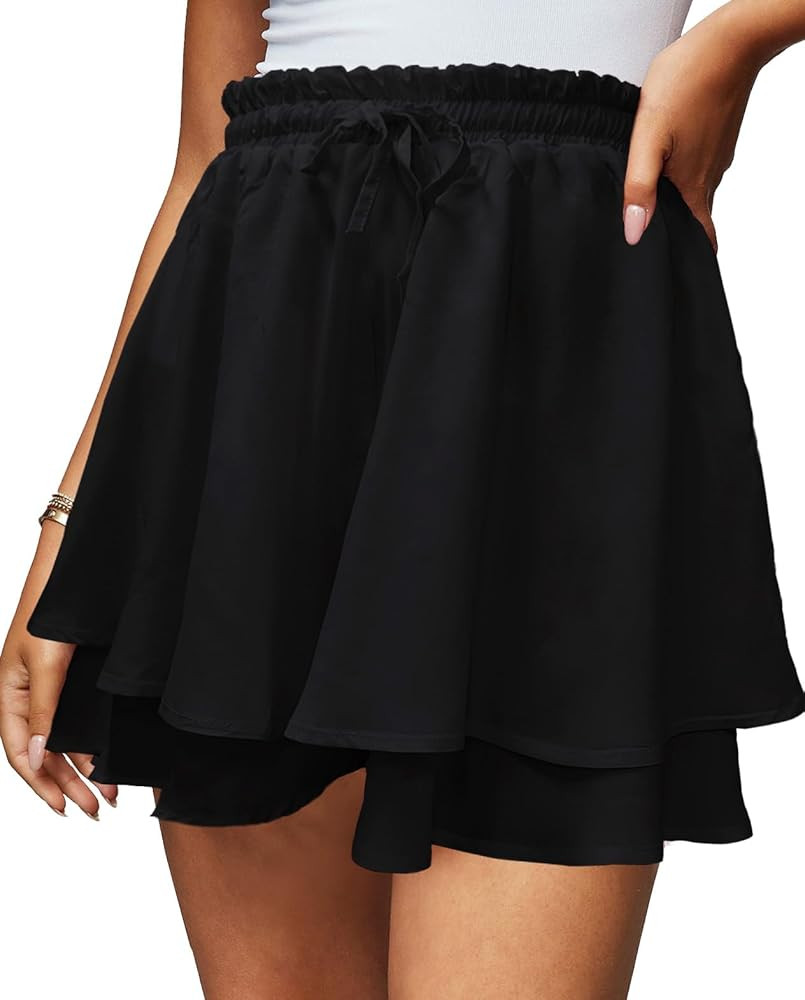 Women's Summer Floral Ruffle Hem Skirt Shorts Elastic High Waist Layered Tiered Boho Mini Skorts ... | Amazon (US)