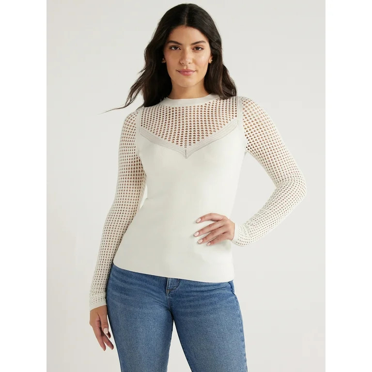 Sofia Jeans Women's V-Neck Mesh Pullover Sweater with Sheer Long Sleeves, Lightweight, Sizes XS-2... | Walmart (US)