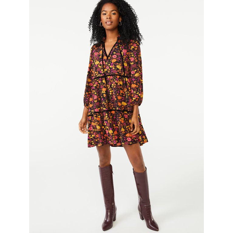 Scoop Women's Velvet Trim Tiered Dress | Walmart (US)