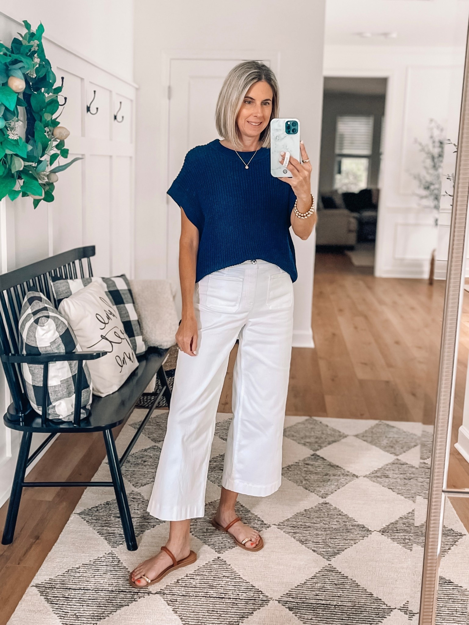 🚨 If you’ve been wanting to try a pair of Spanx jeans now would be a great time! These pull on white denim jeans are so stretchy and comfy! Wearing a size small. Wearing an xs in my sweater 

#LTKSeasonal #LTKSaleAlert #LTKOver40