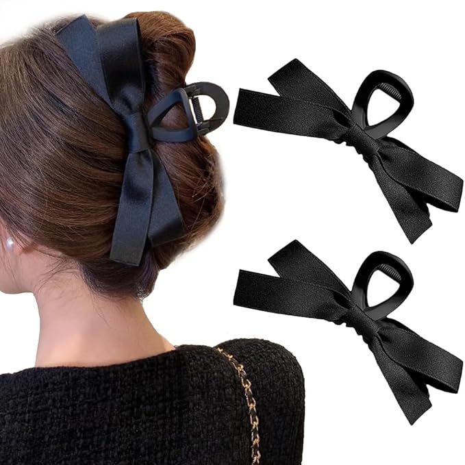 TOBATOBA Bow Hair Clips, 2Pcs Black Ribbon Clips for Women Girls, Claw Barrette for Thick Thin Ha... | Amazon (US)