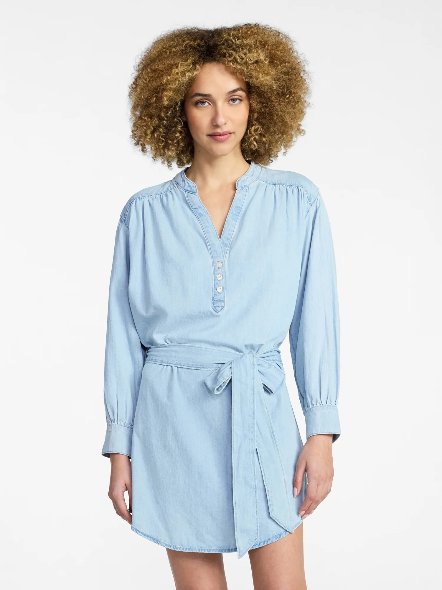 Time and Tru Women's Belted Denim Mini Shirtdress with Long Sleeves, Sizes XS-XXXL | Walmart (US)