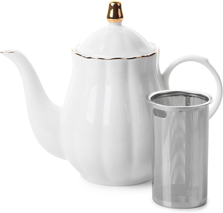 BTaT- Porcelain Tea Pot with Stainless Steel Infuser, 32 oz, White, Tea Pot with Gold Trim, Teapo... | Amazon (US)