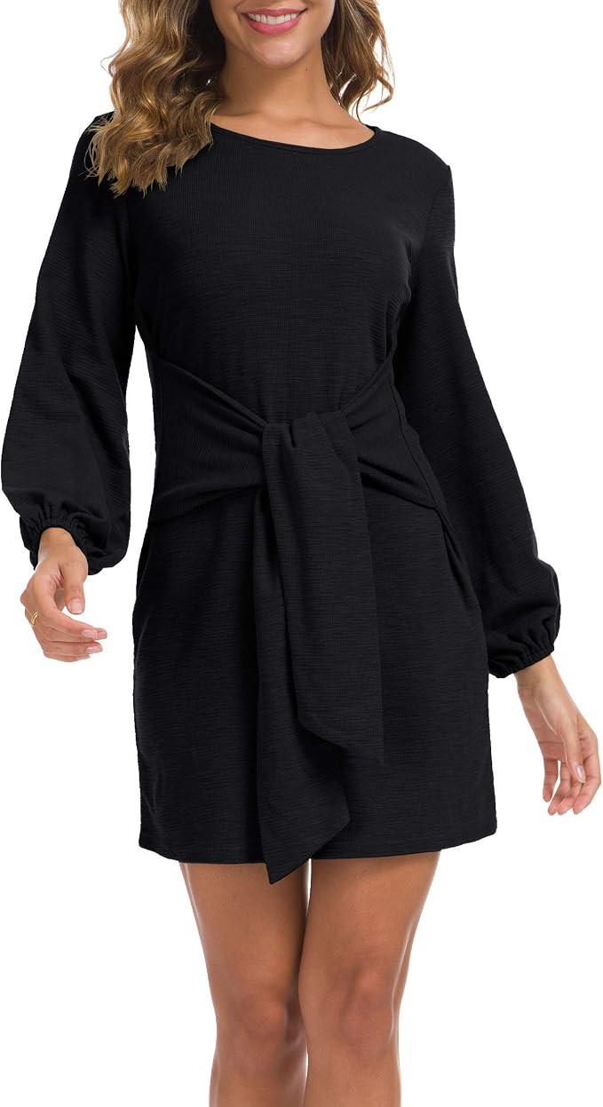 Lionstill Women's Elegant Long Sleeve Dress Casual Tie Waist Sweater Dresses | Amazon (US)