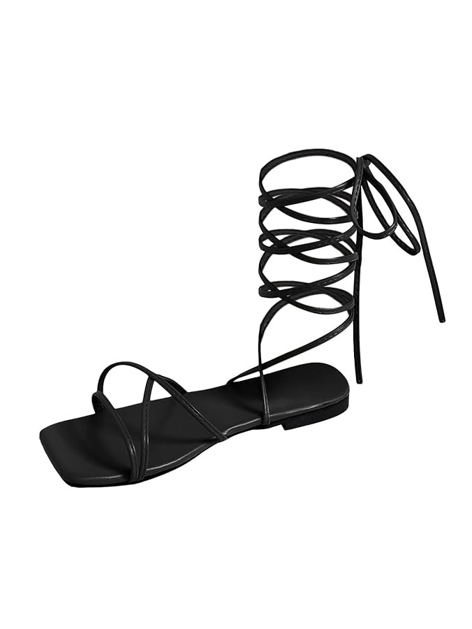 GORGLITTER Women's Lace Up Sandals Criss Cross Strappy Sandals Tie Up Open Toe Flat Sandals | Amazon (US)