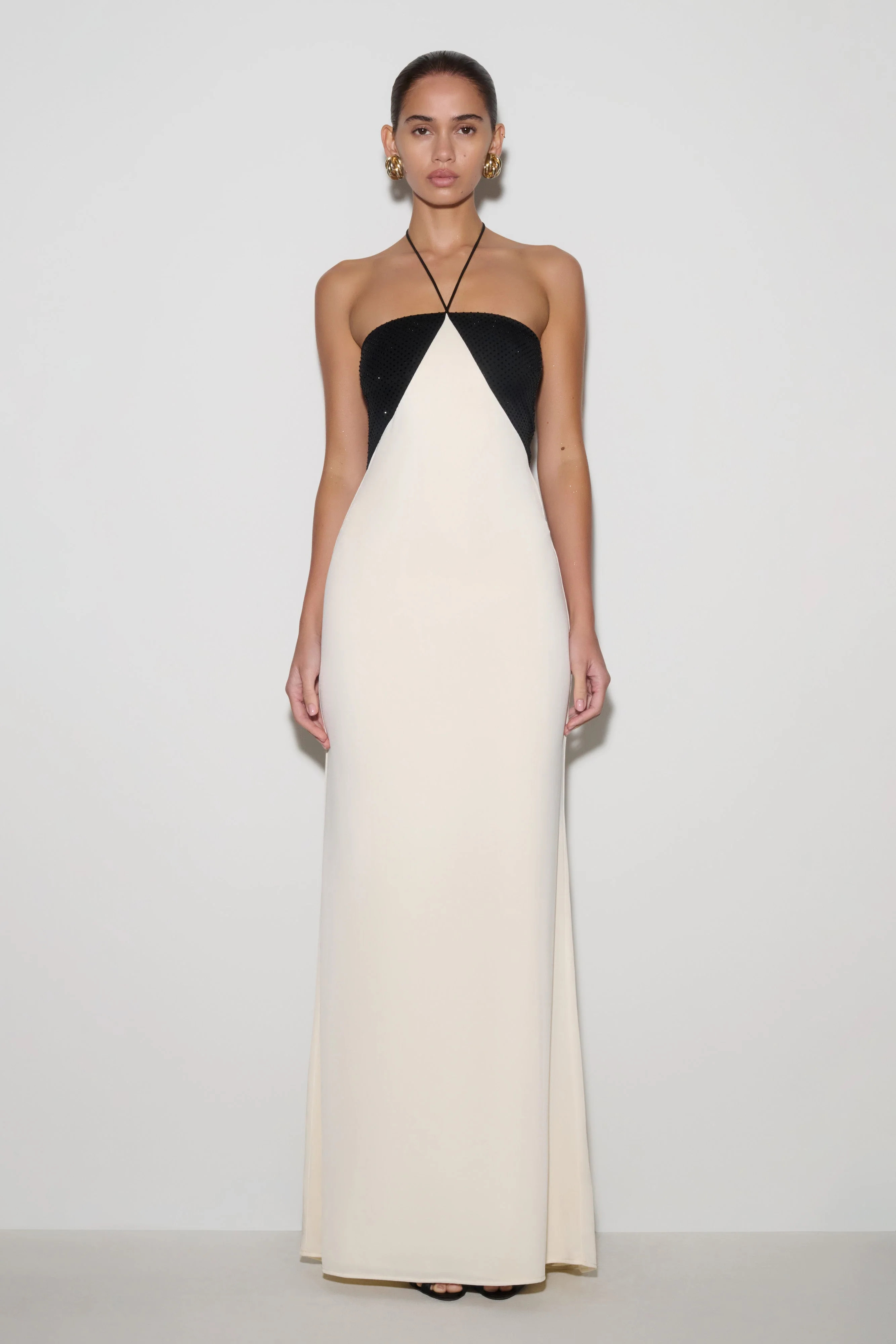 Hien Sequin Halter Maxi Dress - Black/Ivory | Meshki UK