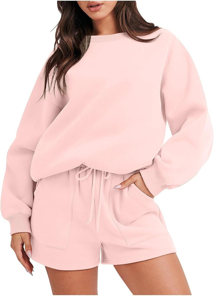 Sweatsuits For Women Set 2 Piece Outfit Long Sleeve Crewneck Sweatshirt With Shorts Matching Loun... | Amazon (US)