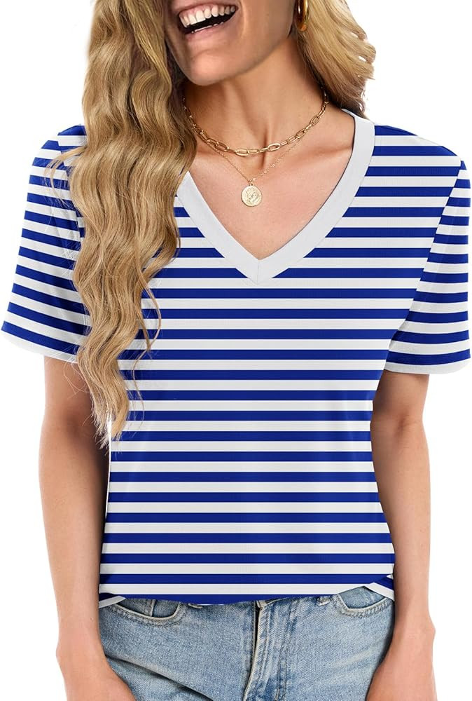 Womens Summer Tops Short Sleeve V Neck T Shirts Dressy Casual Flowy Blouses Plus Size Tunic Work ... | Amazon (US)