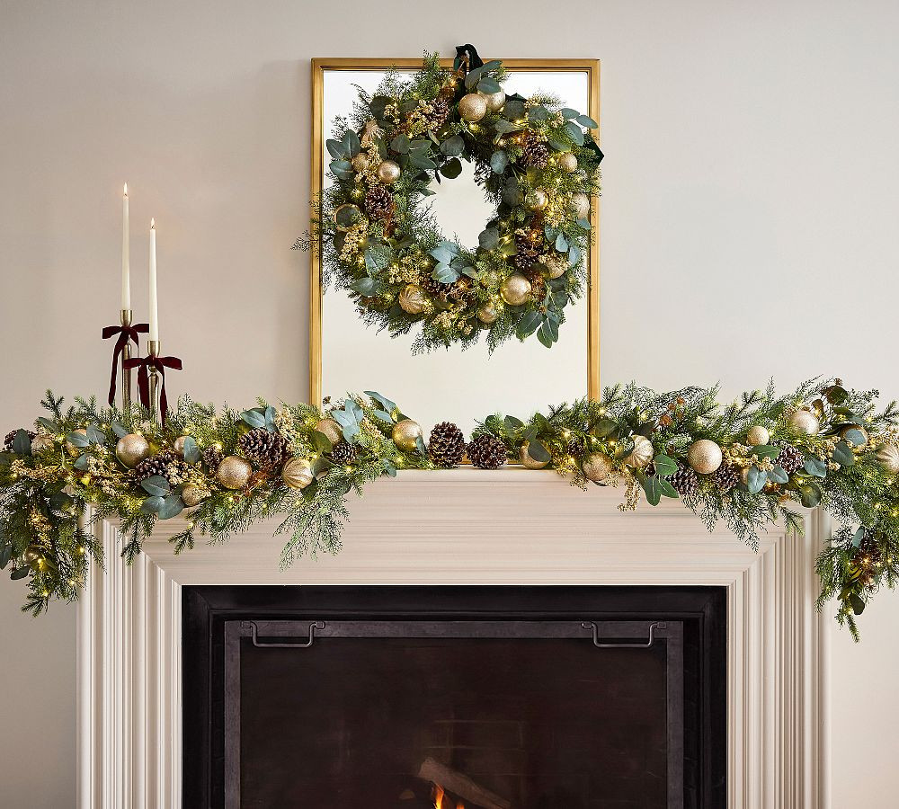 Faux Lit Rustic Glam Ornament Wreath & Garland | Pottery Barn (US)