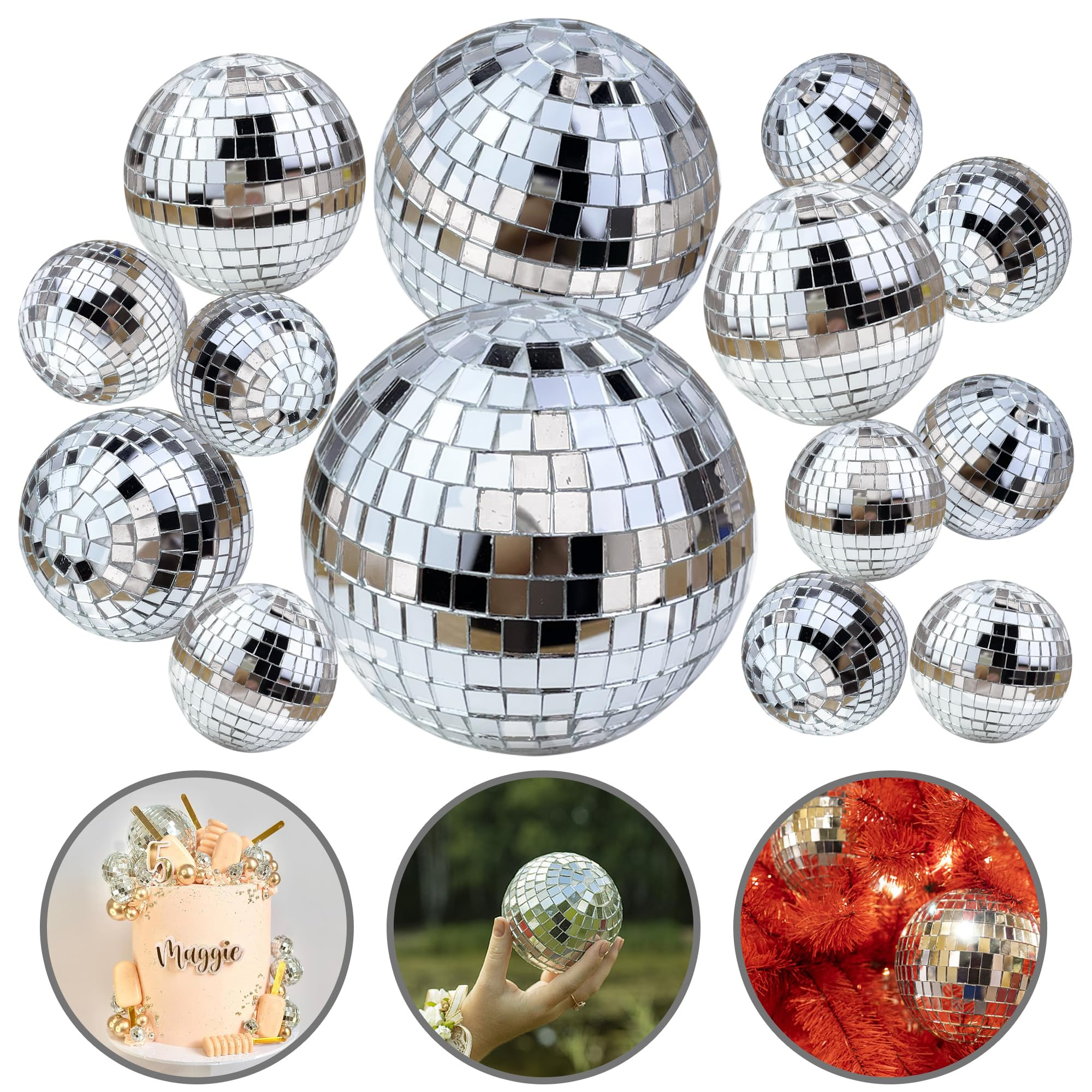 14 PCS 1.18inch 1.57inch 2.36inch 2.76inch Disco Ball Cake Decoration Ornaments Reflective Mirror... | Amazon (US)