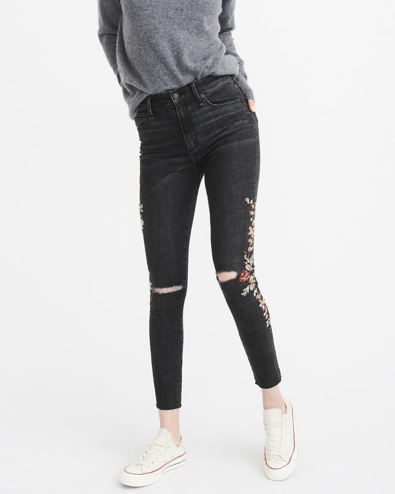 Embroidered High-Rise Ankle Jeans | Abercrombie & Fitch US & UK