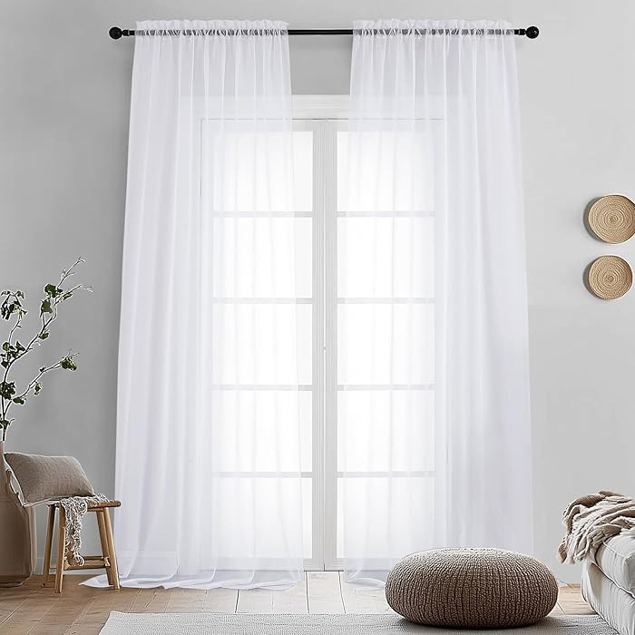 OVZME 2 Panels White Sheer Curtains 96" Length for Bedroom, Elegant Light Filtering Sheer White C... | Amazon (US)