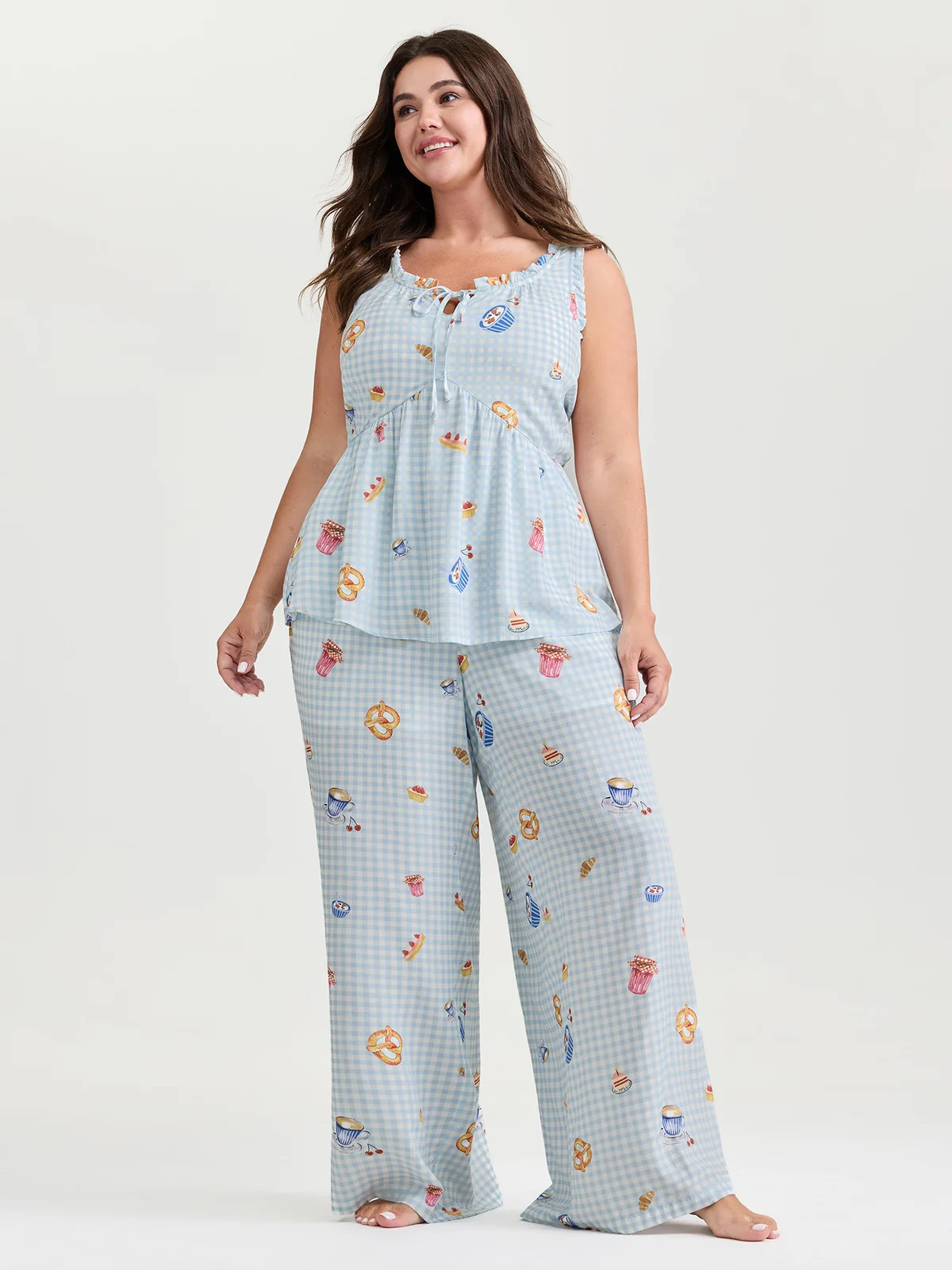 Pretzel Coffee Print Drawstring Co-Ord Pajama Set | Bloomchic