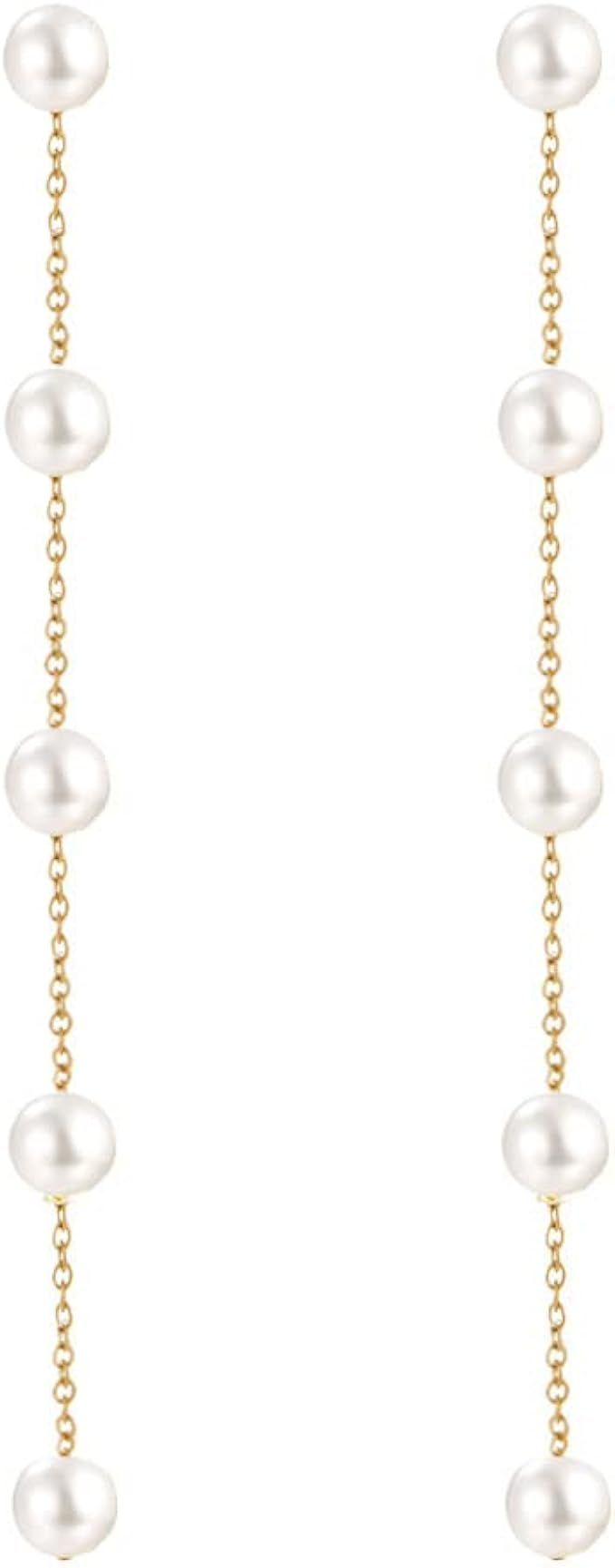 LOKLIFFAI 925 Sterling Silver Threader Earrings Pearl Ball Drop Long Chain Earrings for Women and... | Amazon (US)