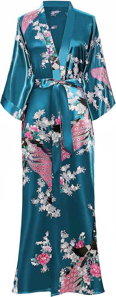 BABEYOND Women's Kimono Robe Long Satin Robes with Peacock and Blossoms Printed Kimono Nightgown | Amazon (US)