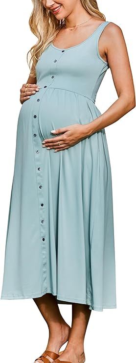OUGES Womens Maternity Dress Scoop Neck Casual Sleeveless Button Down Pregnancy Clothes Midi Sund... | Amazon (US)