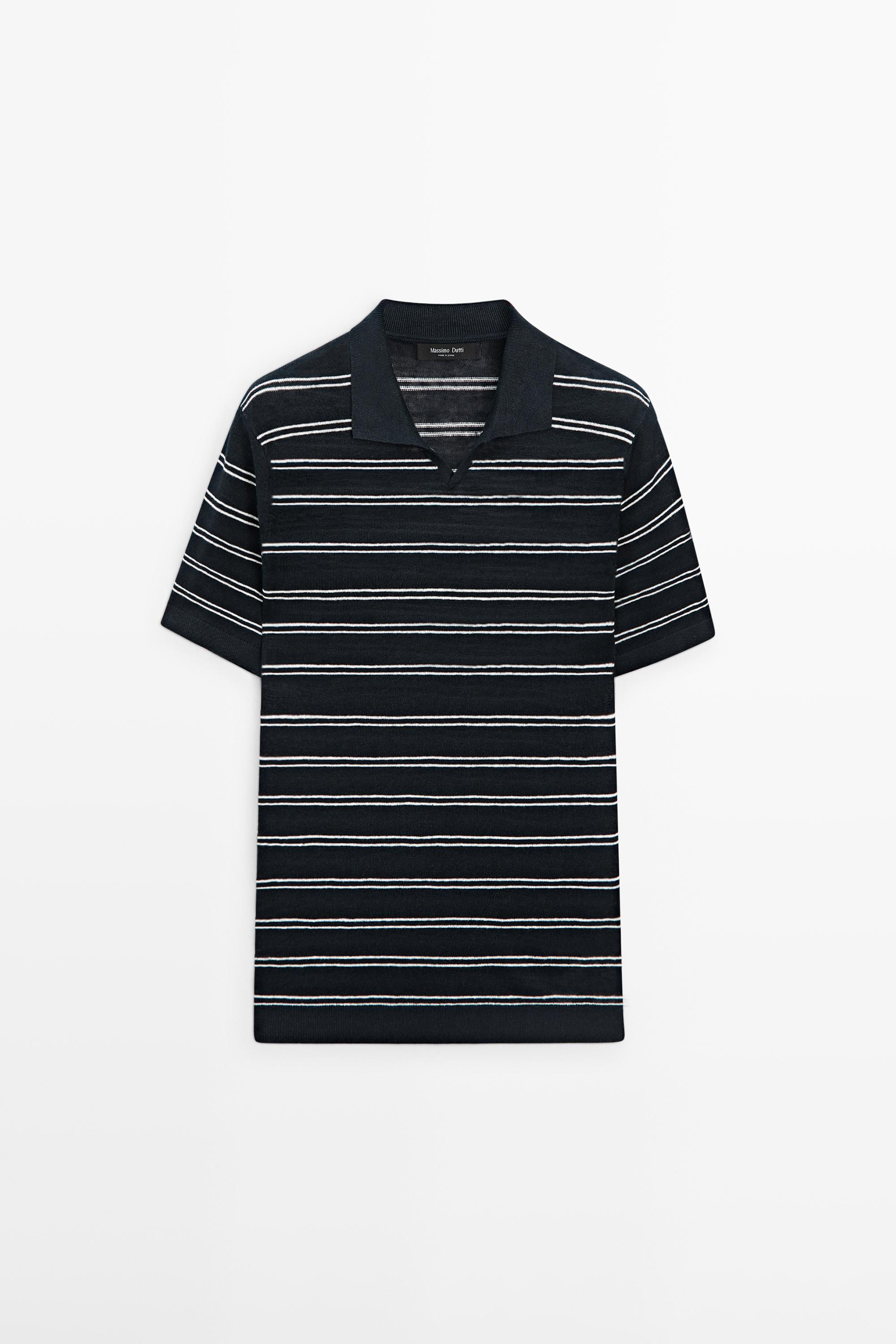 Striped 100% linen V-neck polo shirt | Massimo Dutti UK